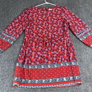 LOFT Red Floral Long Sleeve Dress with Blue Accents
